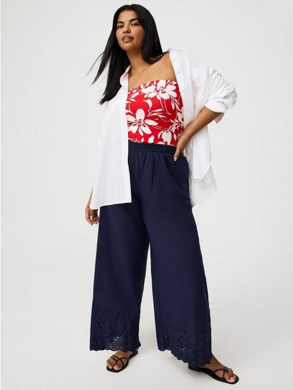 Torrid Pull-On Wide-Leg Embroidered Eyelet Hem 100% Cotton Navy Blue Pants 2X
